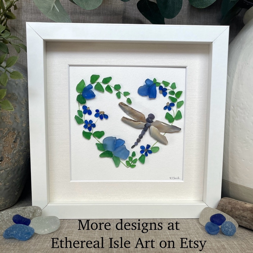 Dragonfly’s Dreamscape ~ Framed Sea Glass Art ~ Genuine Sea Glass, Seashells